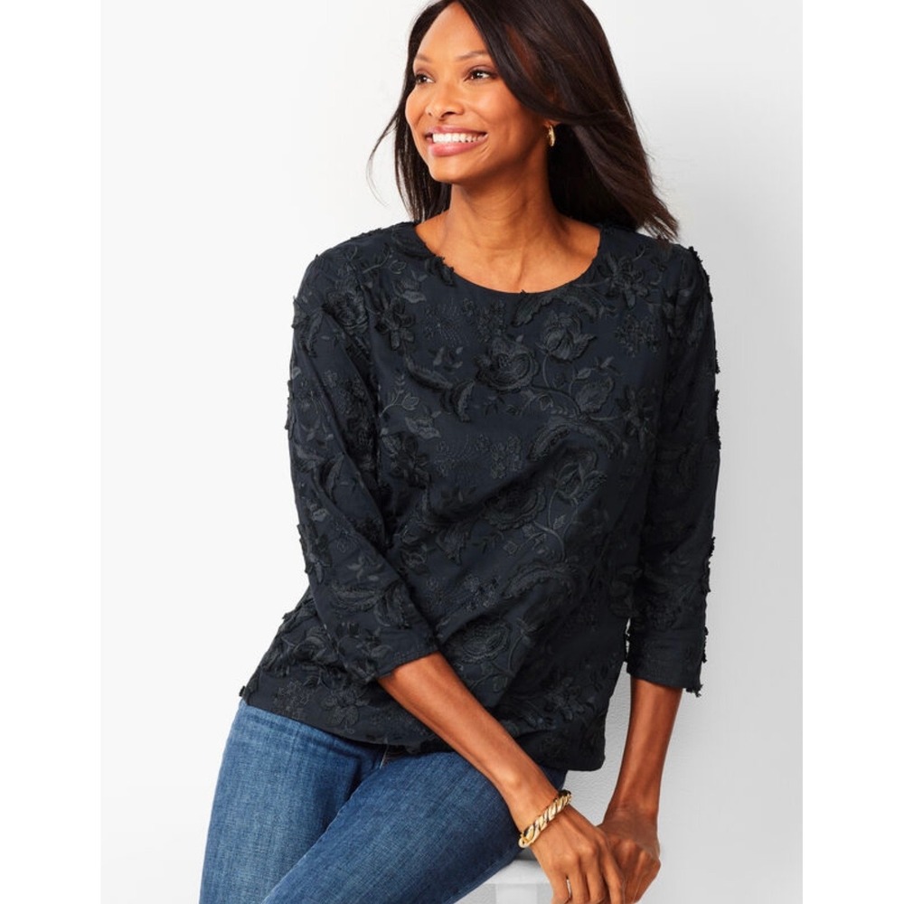 Talbots Floral Embroidery Top Black Round Neck Size 10 Feminine Office